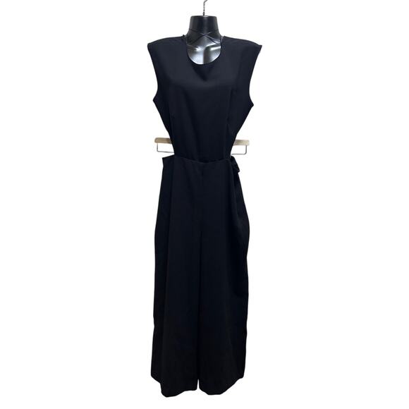 Zara Cut Out Jumpsuit L Blk Side Zipper Wide Leg Tie Back Sleeveless Modern Chic - Picture 2 of 10
